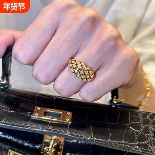 vintage中古黑金色点钻菱格宽面戒指时尚轻奢精致高级百搭食指戒