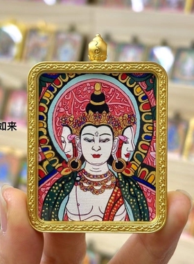 描金半手绘唐卡八大嘎乌盒杠立体藏式守护吊坠随身佛吊坠