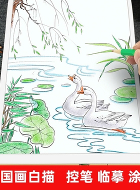 儿童中国画白描入门描摹本画册国画初学者套装手绘勾线笔工笔画底稿幼儿小学生控笔绘画涂色本画画本山水画人物彩铅美术临摹训练