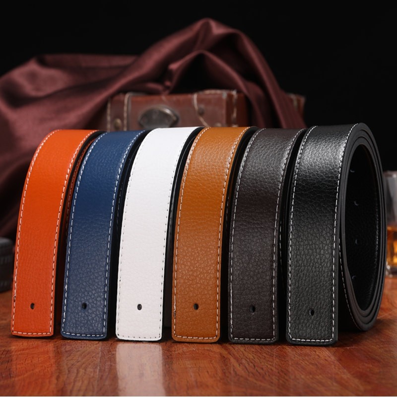爱马男仕H扣真皮带身 牛皮裤腰带平滑扣打孔皮带男女士彩色格子荔