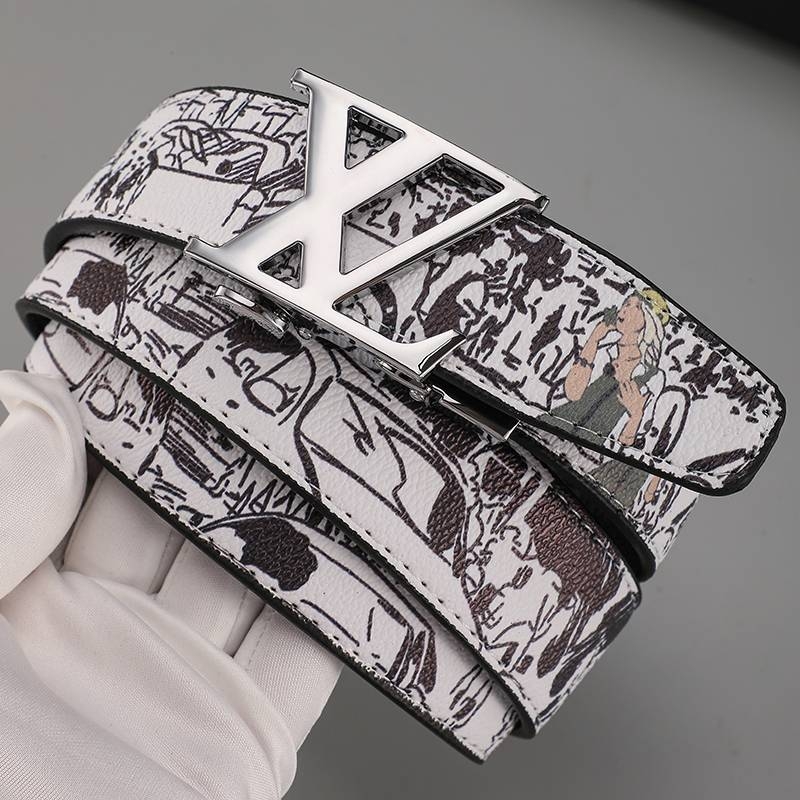 爱马男仕新款时尚男士皮带真皮休闲百搭字母涂鸦自动扣腰带牛仔裤