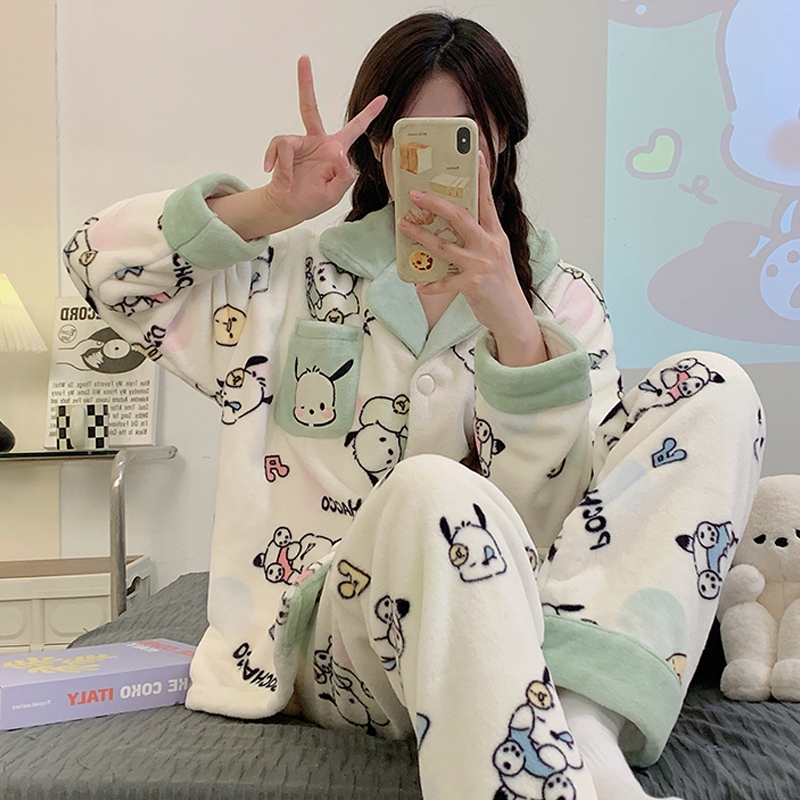 帕恰狗珊瑚绒睡衣女秋冬季加厚加绒可爱卡通学生法兰绒家居服套装
