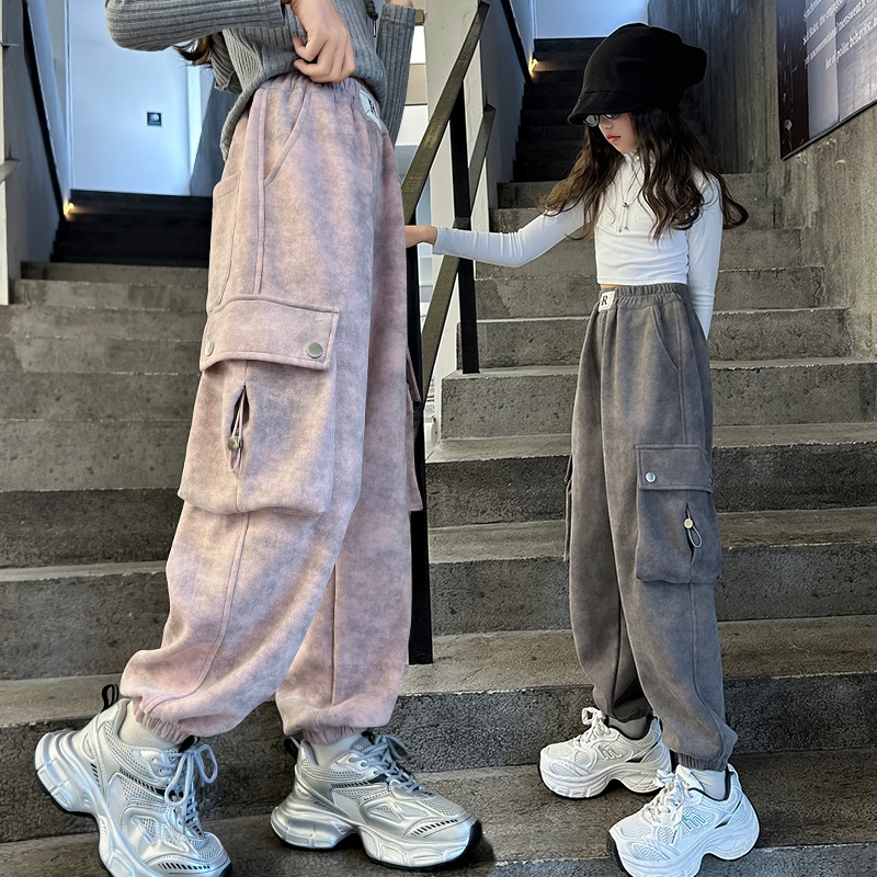 女童裤子2025春秋装洋气儿童中大童工装裤休闲卫裤束脚运动裤时髦