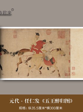 任仁发《五王醉归图》高清微喷原大复制品临摹国画客厅茶室装饰画