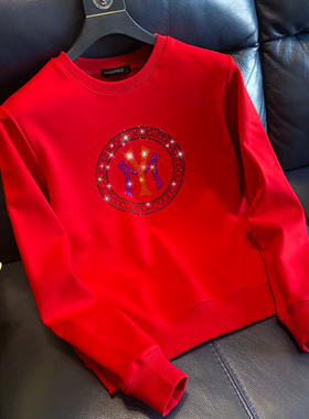 春秋潮牌男士烫钻卫衣圆领MY字母套头红色外套加绒本命年无帽上衣