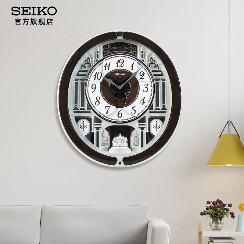 新品SEIKO日本精工旋转装饰音乐电子挂钟大理石纹深棕色音乐挂钟