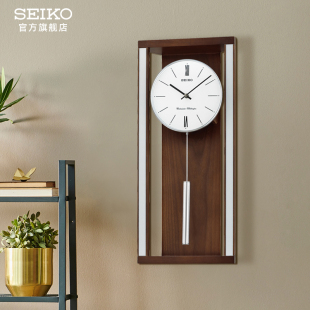 SEIKO日本精工时钟 简约音乐报时钟金属吊摆实木客厅大挂钟 时尚