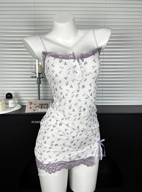 FUNNY KITTEN纯欲少女紫色碎花吊带裙性感蕾丝花边辣妹紧身包臀裙