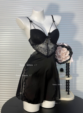 funny kitten纯欲黑色睡衣女带胸垫钢圈缎面蕾丝性感吊带睡裙套装