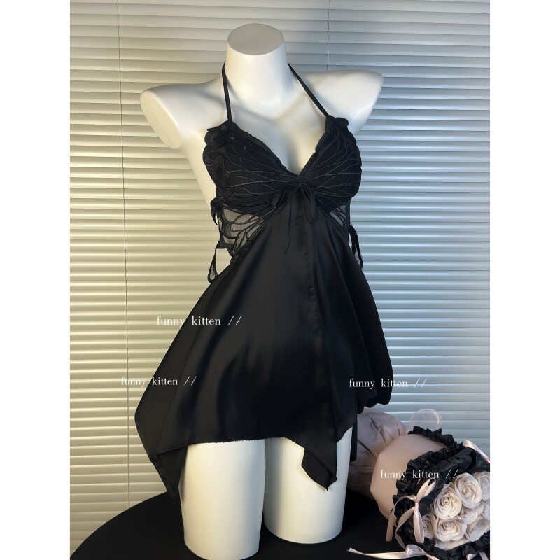 FUNNY KITTEN蝴蝶结纯欲性感冰丝吊带睡裙带胸垫夏季高级感睡衣