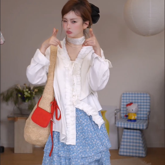 法式绑带长袖衬衫女春夏秋