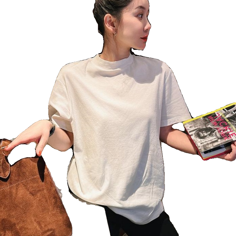 2025春秋新款简约半高领纯棉白色短袖t恤女上衣夏百搭宽松打底衫