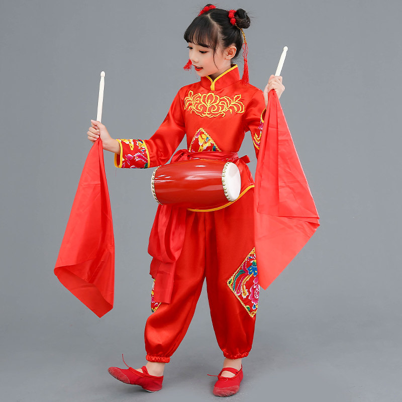 儿童安塞腰鼓服陕北民族服装男女陕西民歌中小学生打鼓秧歌演出服