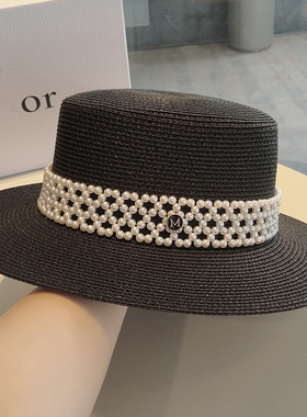 夏季新款M小清新平顶草帽女出游度假遮阳帽子珍珠英伦法式礼帽潮