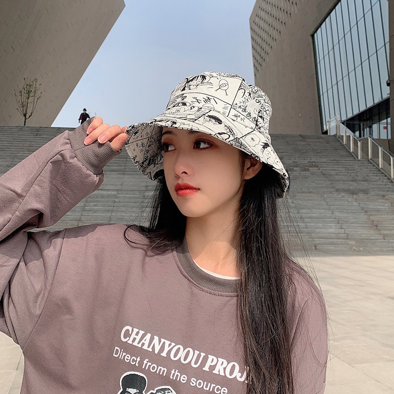 韩版百搭时尚春夏新款防晒遮阳渔夫帽子女嘻哈潮流涂鸦图案盆帽男