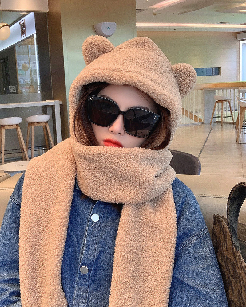 韩版小熊耳朵jennie同款帽子女长围巾一体骑车防风护耳保暖二件套