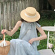 网红麦秆平顶草帽女夏出游防晒遮阳帽法式 平沿帽子海边造型太阳帽