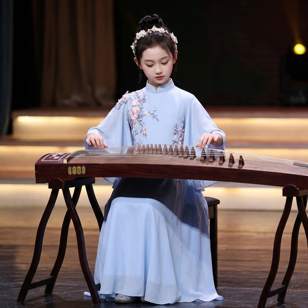 新中式刺绣花朵演出服女童蓝色长裙合唱指挥表演服喇叭袖仙气飘逸