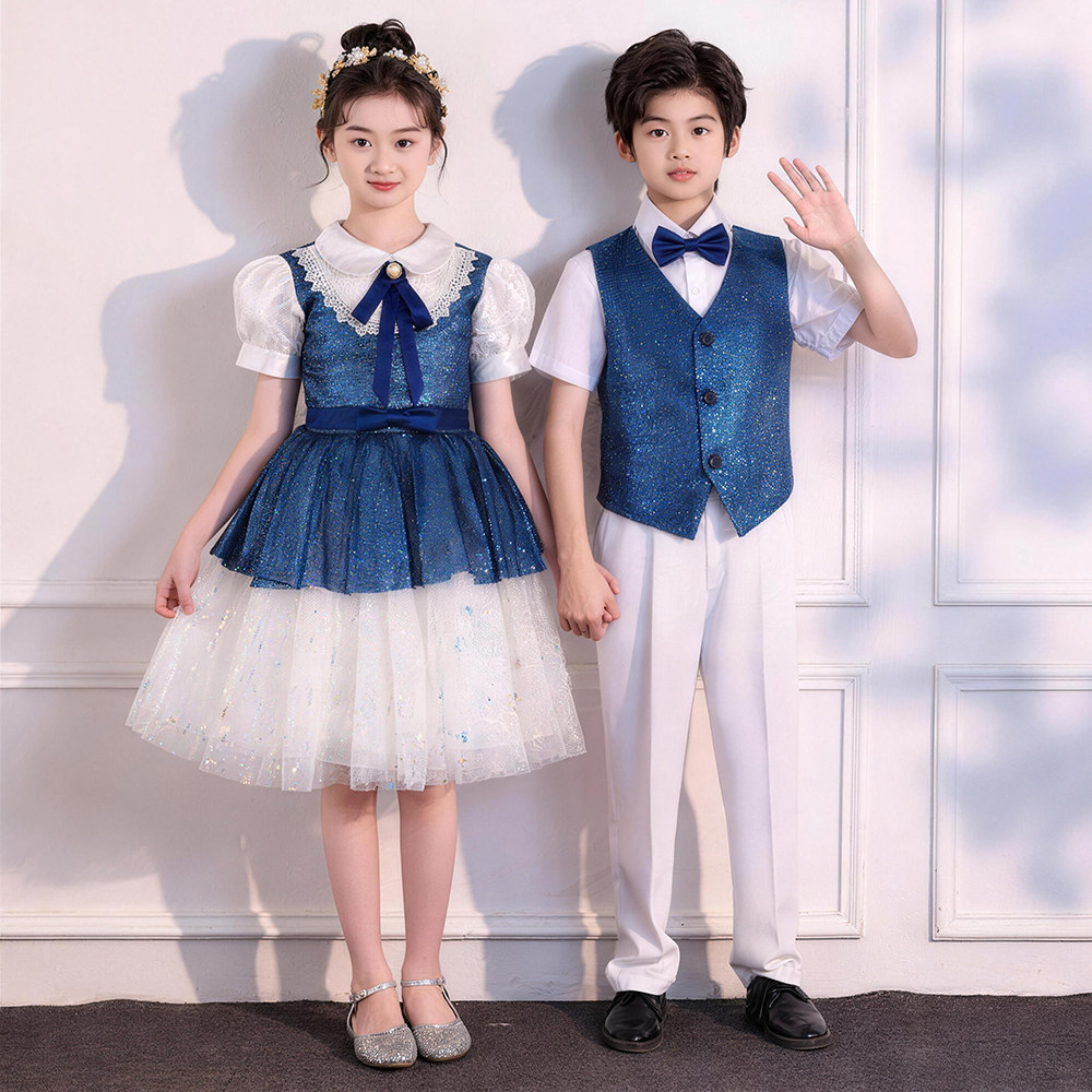 六一儿童合唱朗诵演出服男女童蓝色蓬蓬裙中小学生诗歌朗诵表演服