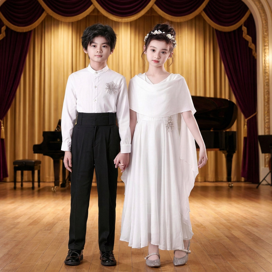 高级感白色男女童晚礼服合唱演出图片