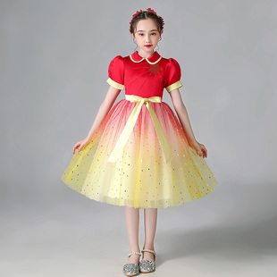 国庆唱红歌女童礼服公主裙渐变蓬蓬裙儿童小主持人合唱毕业演出服