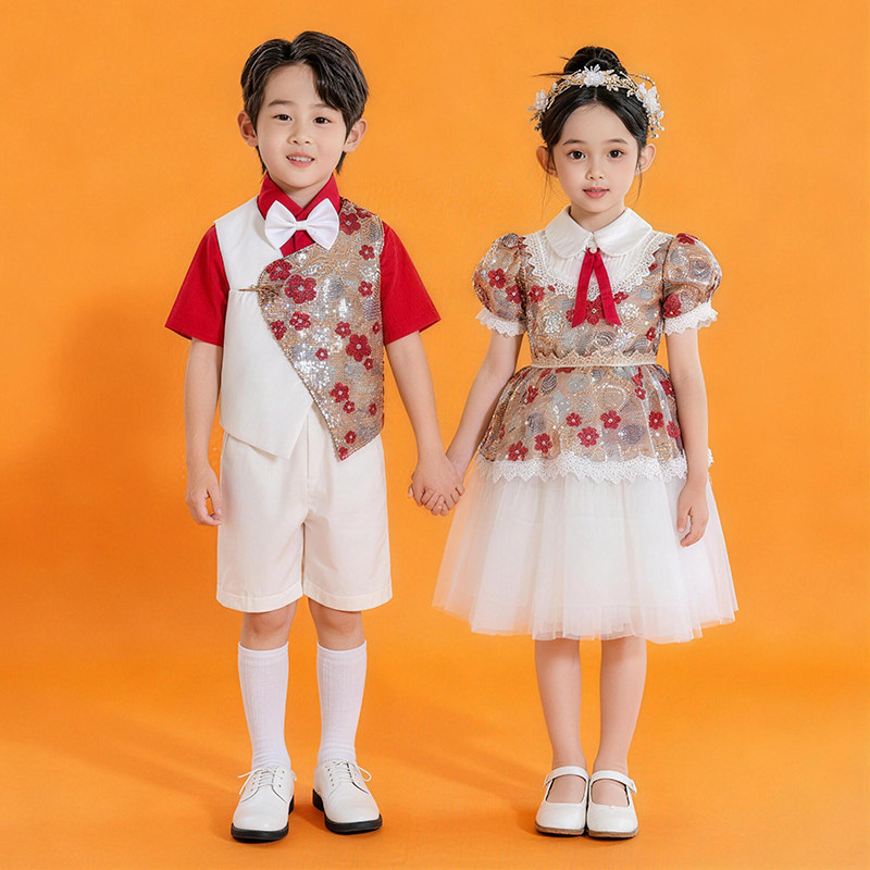 儿童合唱演出服男女童红白花朵亮片装饰蓬蓬裙表演服装合唱服