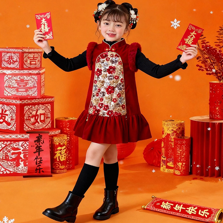 女童超喜庆拜年服汉服背心裙酒红丝绒亮片繁花旗袍领配毛边拜年服