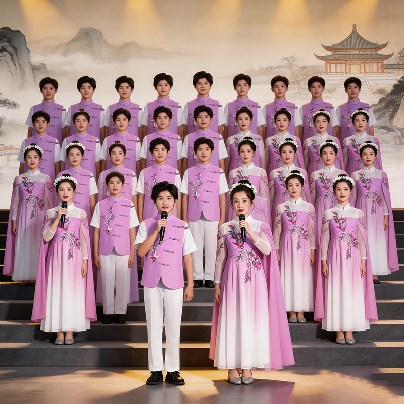 新中式大合唱演出服女长裙中国风学生朗诵比赛表演服男款马甲套装