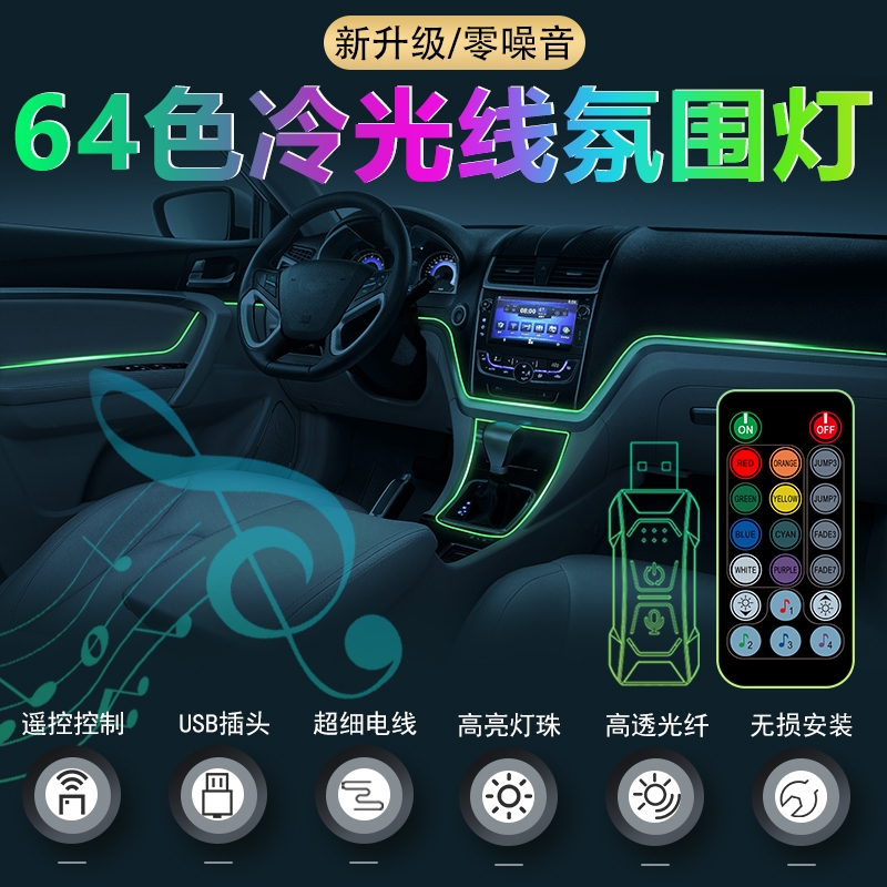 车内七彩冷光线免接线中控车门汽车LED氛围灯USB光导线声控气氛灯