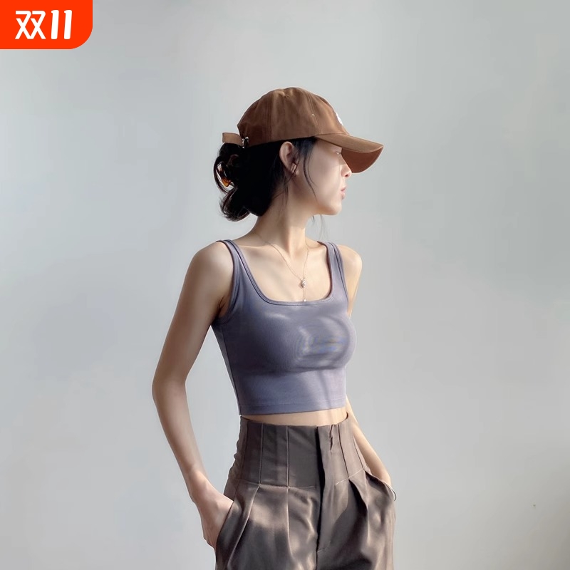 纯棉带胸垫方领短款背心女内搭防走光露脐吊带外穿无袖打底上衣潮