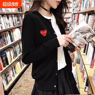 通勤春秋爱心开衫女刺绣针织羊毛衫情侣亲子大码毛衣外套黑色