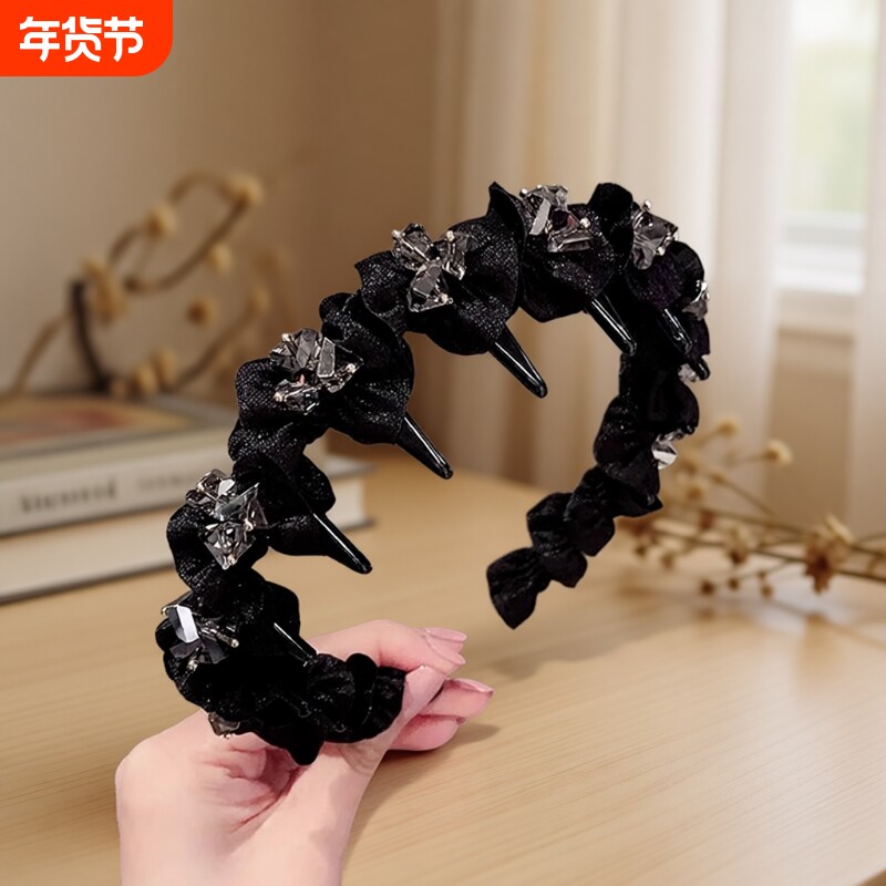 防滑洗脸水钻发箍女高颅顶2025新款轻奢外戴带齿黑色发卡发饰头箍