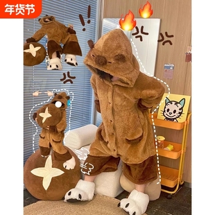 卡皮巴拉睡袍珊瑚绒睡衣女款2025新款冬高级感男加厚秋冬季家居服