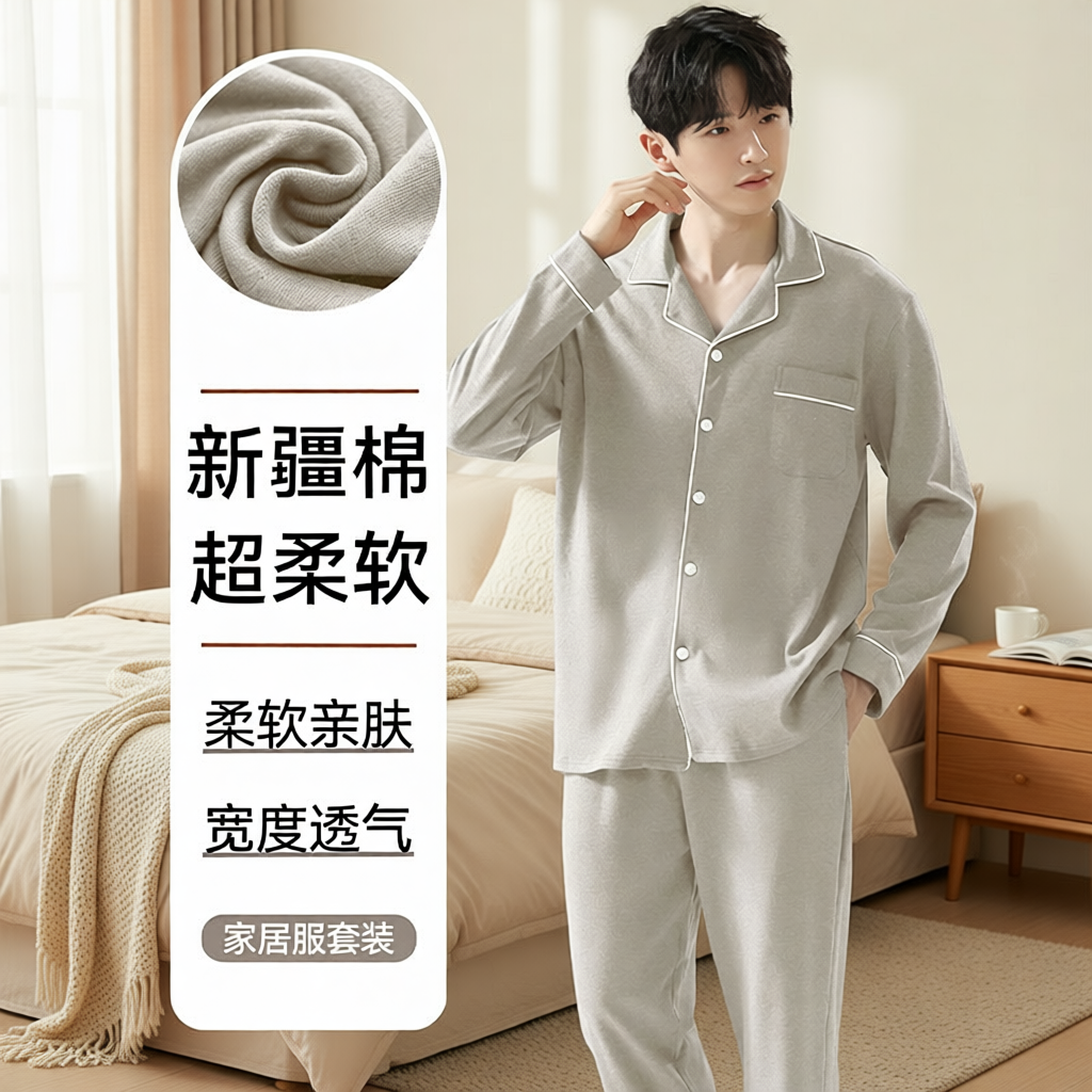 睡衣男款春秋季纯棉长袖家居服薄款休闲大码套装夏天新可外穿