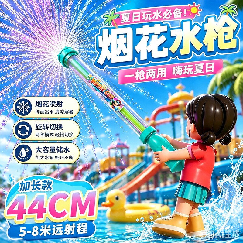 2合1变孔烟花水枪抽拉水炮儿童户外打水仗戏水沙滩漂流玩具玩水