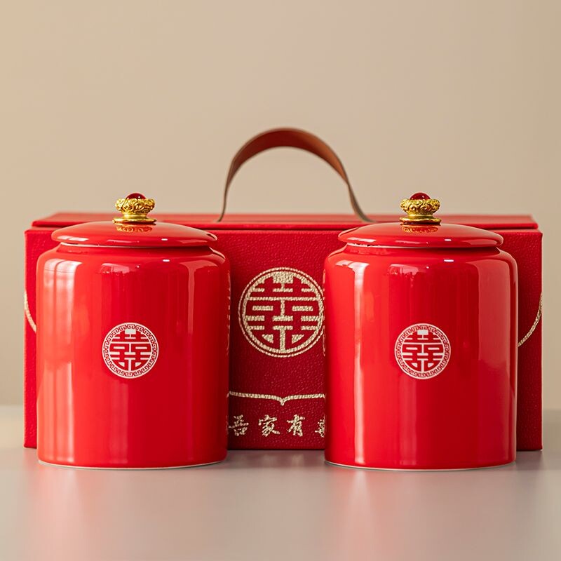 结婚喜糖罐一对新婚女方陪嫁用品大全红色茶叶罐枣罐陶瓷中式婚庆