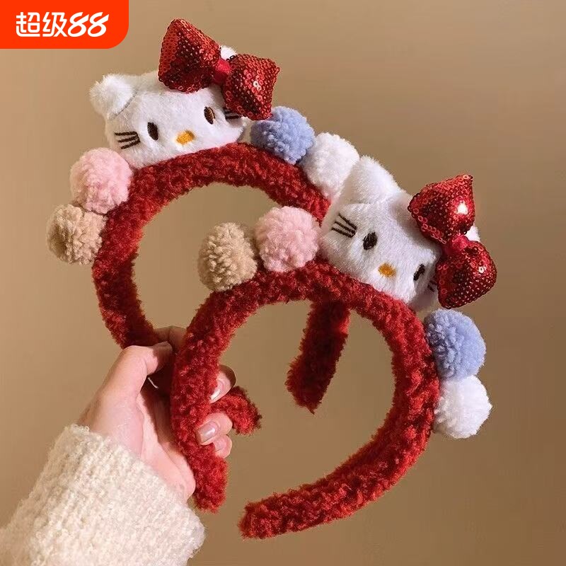 洗脸发箍可爱红色蝴蝶结kitty毛绒女秋冬敷面膜头箍圣诞新年头饰图片