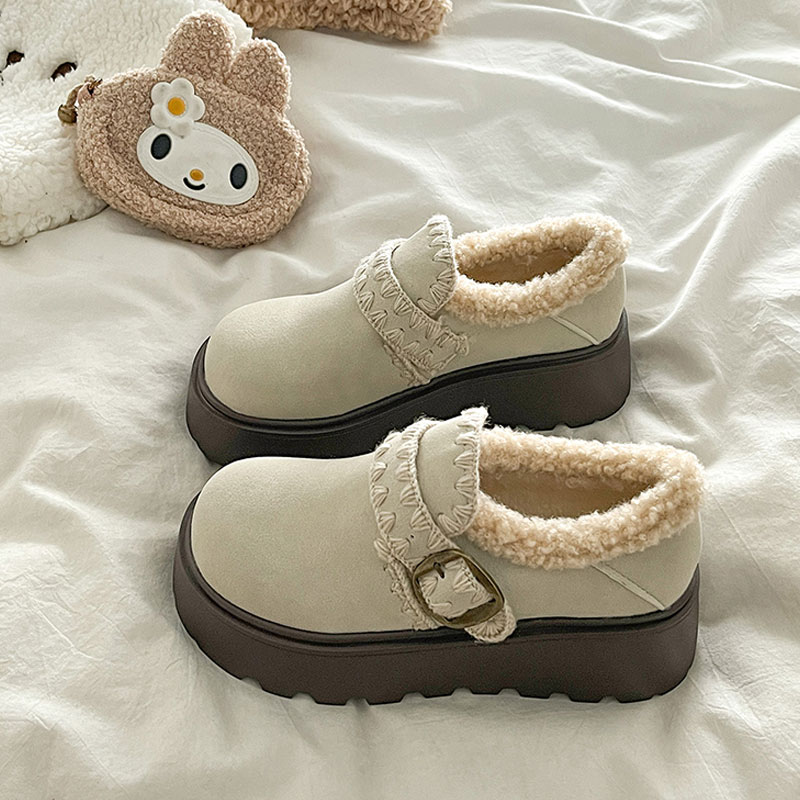 米色松糕厚底增高勃肯鞋女2025新款秋冬季加绒保暖毛毛棉鞋单鞋子