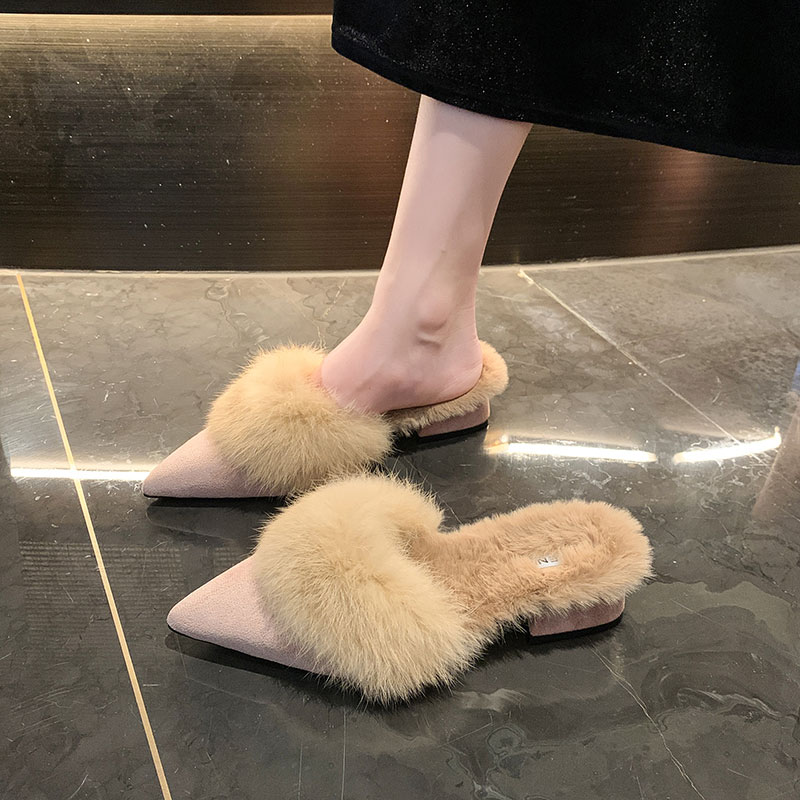 毛毛包头半拖鞋女2025冬季新款外穿尖头粗跟懒人百搭大码穆勒棉拖