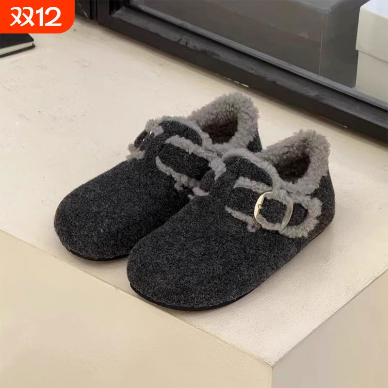厚底毛毛鞋女外穿2025秋冬新款复古加绒保暖勃肯鞋一脚蹬毛呢单鞋