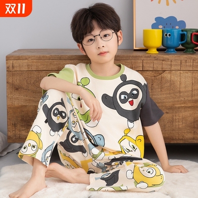 2025儿童睡衣男童短袖长裤纯棉夏季中大童男孩家居服套装短裤小新