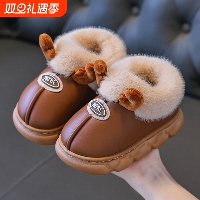 儿童棉拖鞋冬季男童皮面防水小孩居家室内女童宝宝加绒棉拖鞋防滑