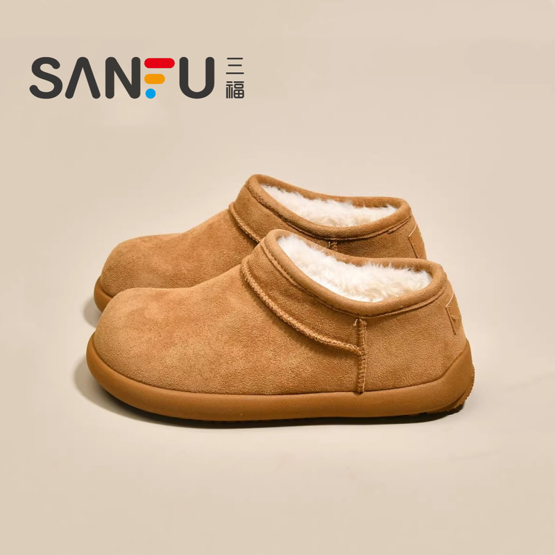 三福真皮小土豆勃肯鞋雪地靴女2025冬季新款厚底加绒加厚保暖棉鞋