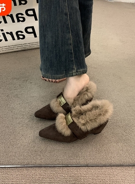 内增高6CM加绒勃肯棉鞋女秋冬季高跟毛毛鞋保暖毛绒单鞋尖头羊皮