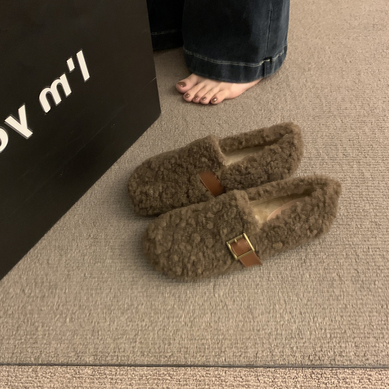 加绒保暖孕妇鞋秋冬外穿一脚蹬防滑乐福鞋软底羊毛羔毛毛鞋单鞋女
