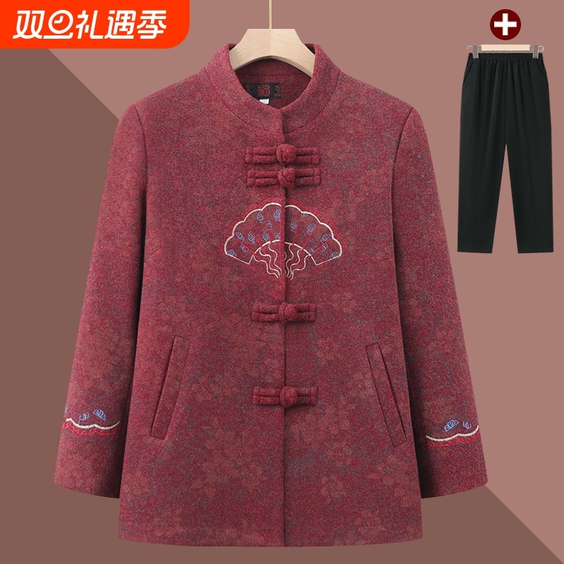 奶奶秋冬款外套中老年人唐装喜庆女装妈妈春秋款老太太毛呢上衣冬