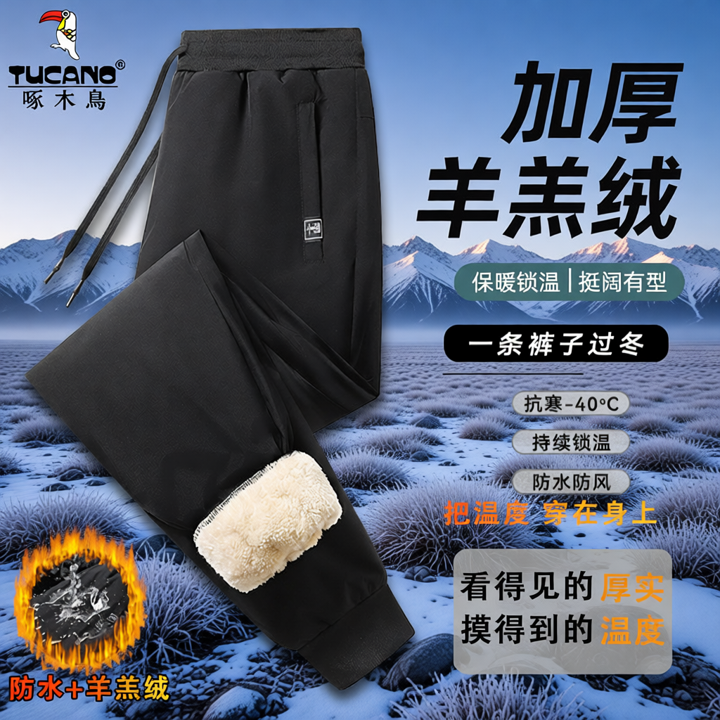 啄木鸟棉裤男款冬季加绒加厚男士冲锋裤外穿防风保暖羊羔绒裤子男