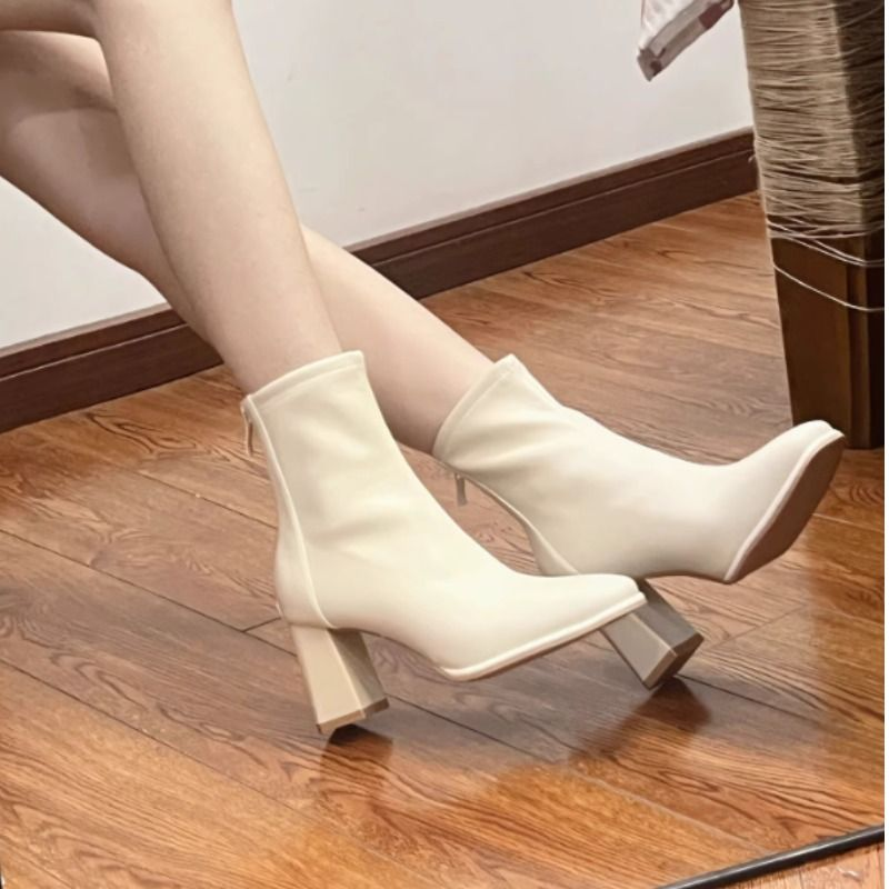白色法式高跟小短靴女2025年秋冬粗跟方头皮靴新款弹力瘦瘦靴单靴