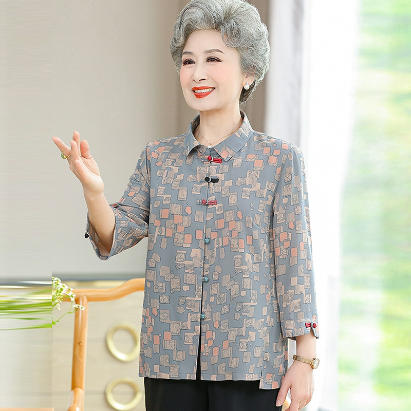 中老年夏装女衬衫九分袖奶奶薄款上衣老太太衣服老人妈妈衬衣春夏