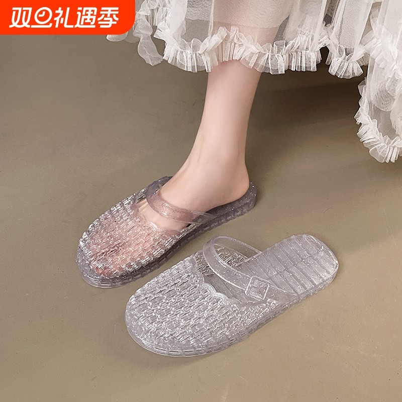 【水晶透明】凉拖鞋女夏季外穿防滑防臭包头懒人半拖中老年妈妈鞋